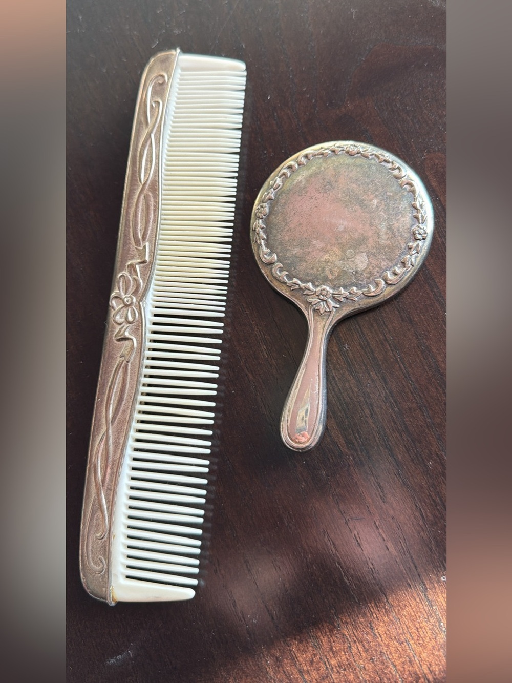 Silver-Accent Vintage Comb and Small Hand Mirror Set